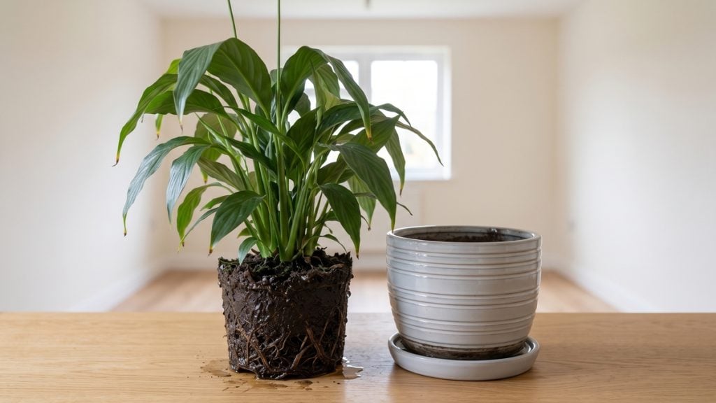 How to save a peace lily with root rot: the clump just out of its pot, root ball soaked black and slumped, no hands.