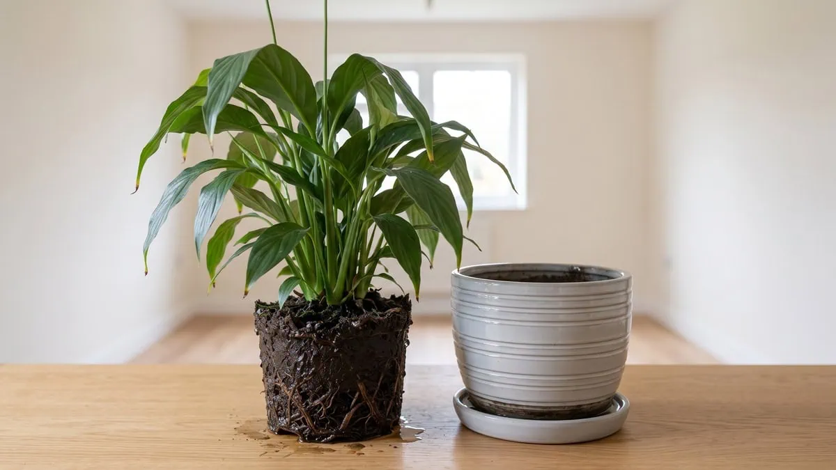 How to save a peace lily with root rot: the clump just out of its pot, root ball soaked black and slumped, no hands.