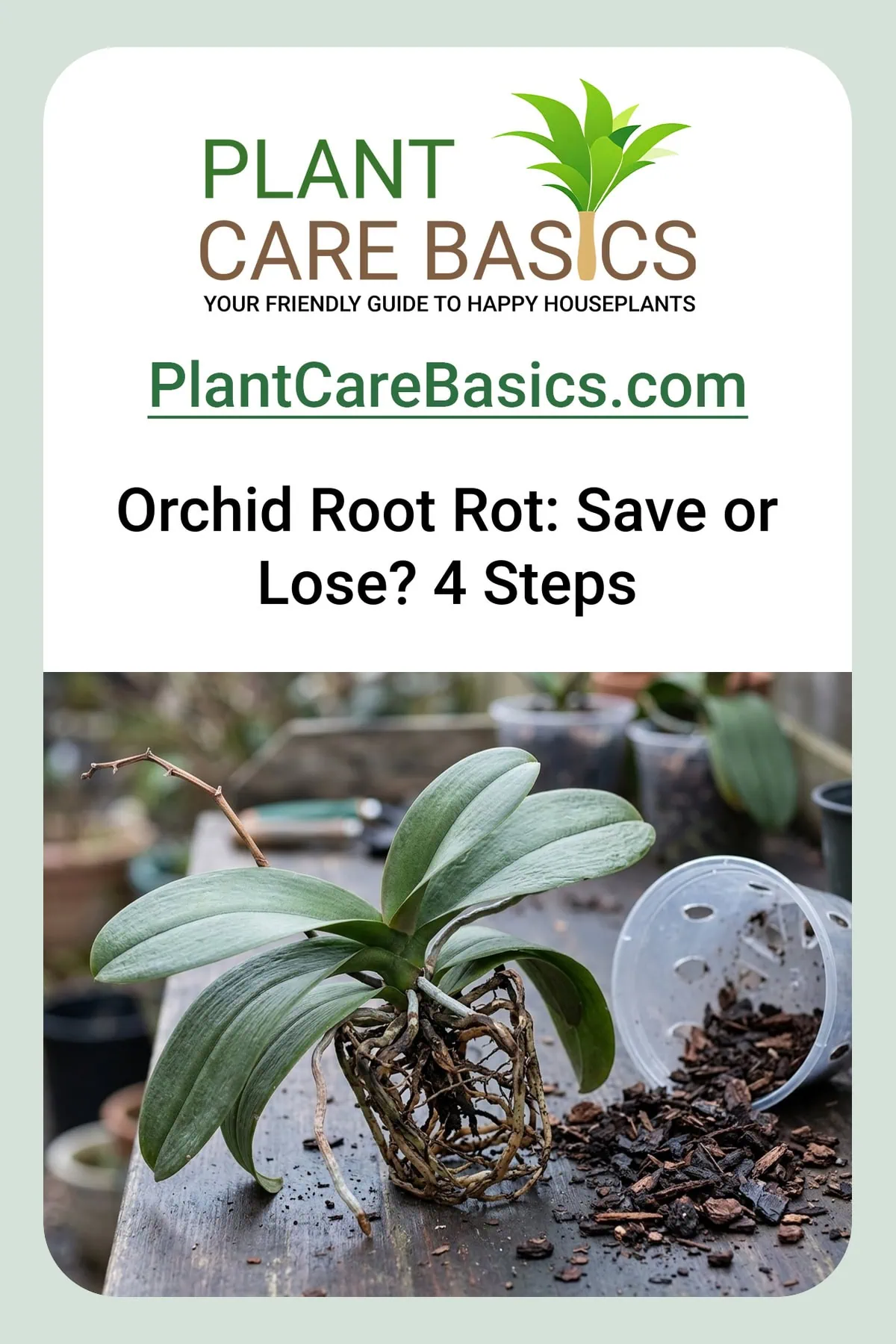 How to save a Phalaenopsis orchid with root rot: a whole moth orchid lifted to show its brown, mushy rotted root ball.