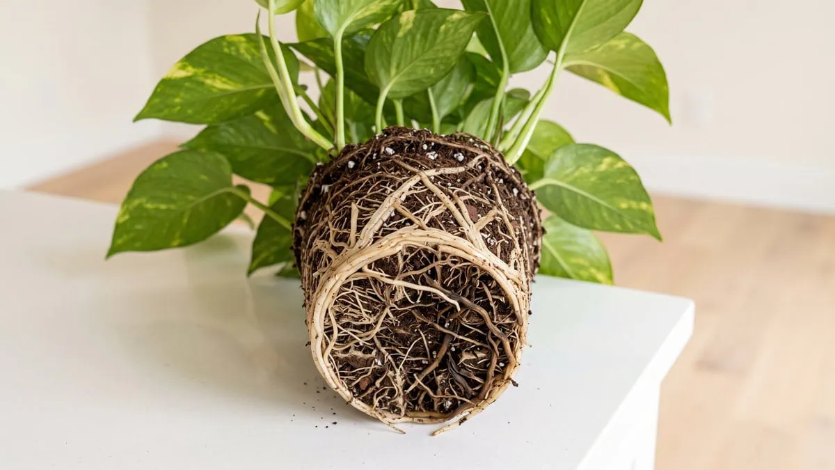 How to save a Pothos from root rot: a rinsed root ball showing firm white roots beside blackened rotted ones.