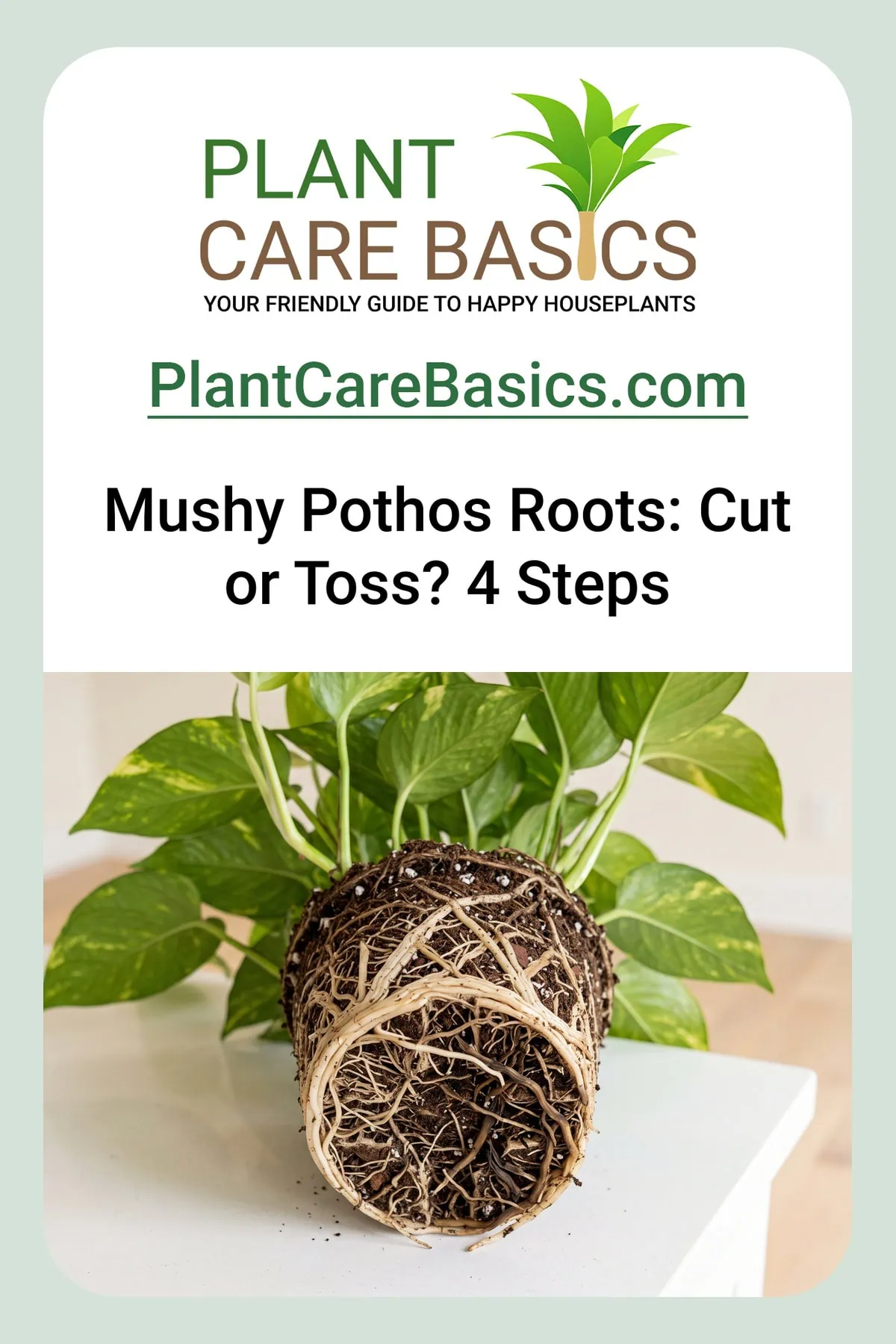 How to save a Pothos from root rot: a rinsed root ball showing firm white roots beside blackened rotted ones.