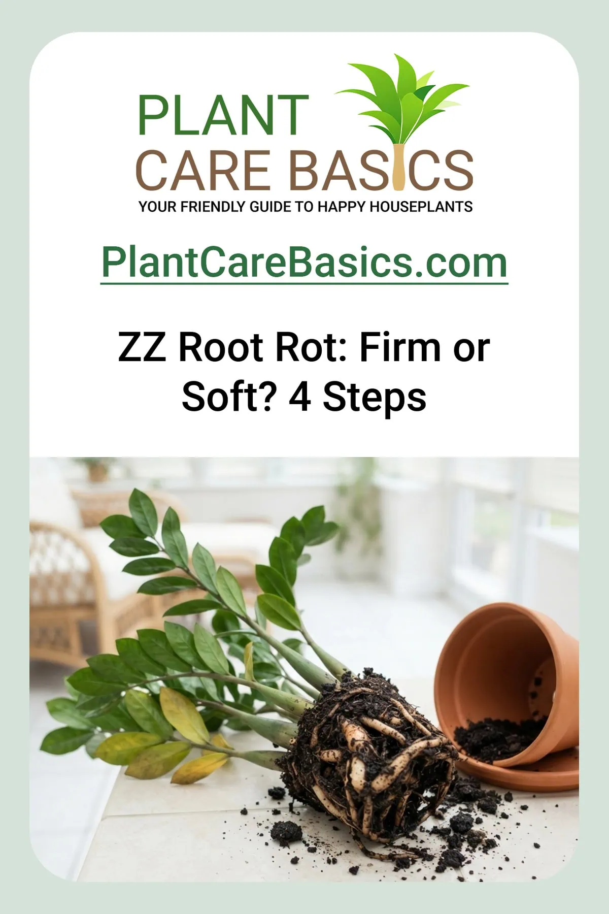 How to save a ZZ plant from root rot — a lifted Zamioculcas zamiifolia shows black mushy rhizome beside firm pale tissue