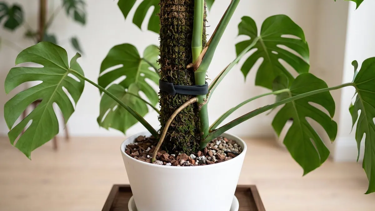 How to train a Monstera deliciosa up a moss pole, staked with no gap between the stem and damp moss.