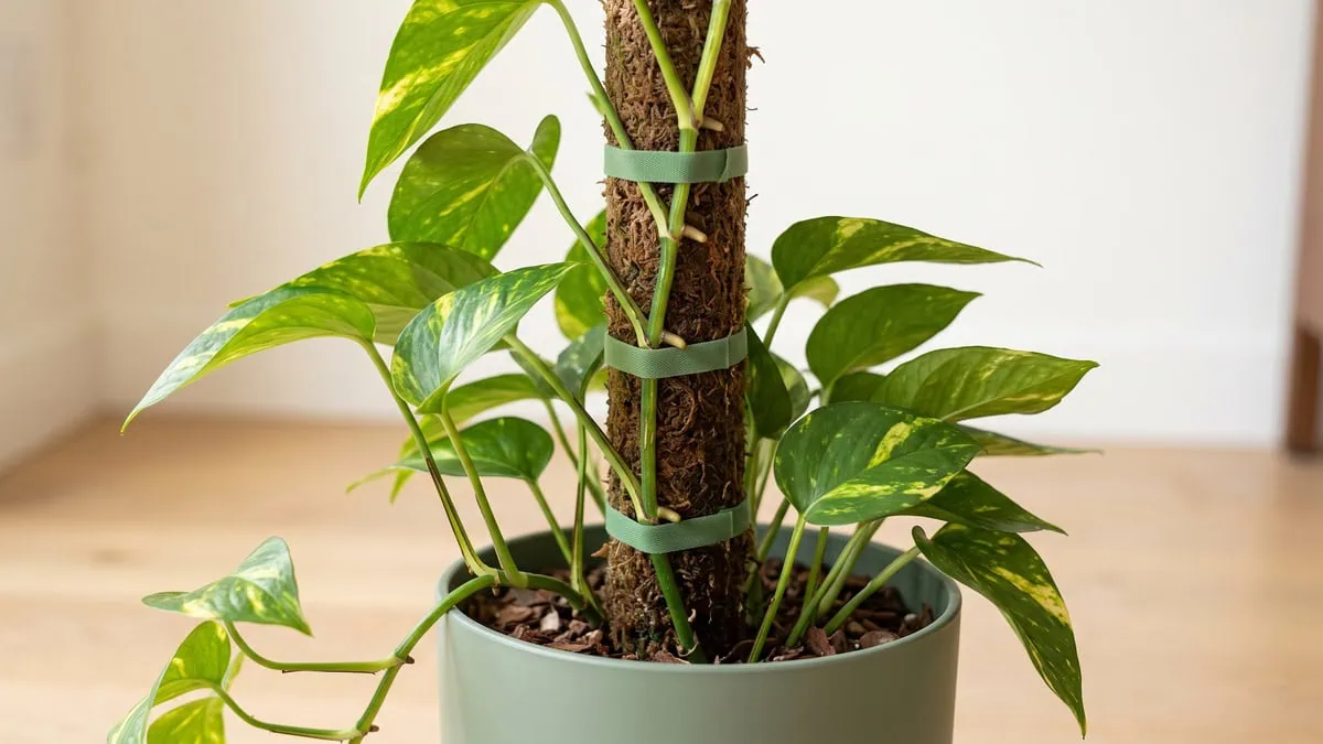 How to train a Pothos on a moss pole: vine nodes pressed against damp moss and held by slack green ties.