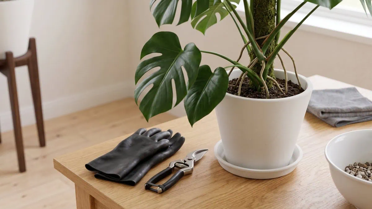 Is Monstera deliciosa toxic to cats and dogs? Gloves and shears rest on the table beside the pot.