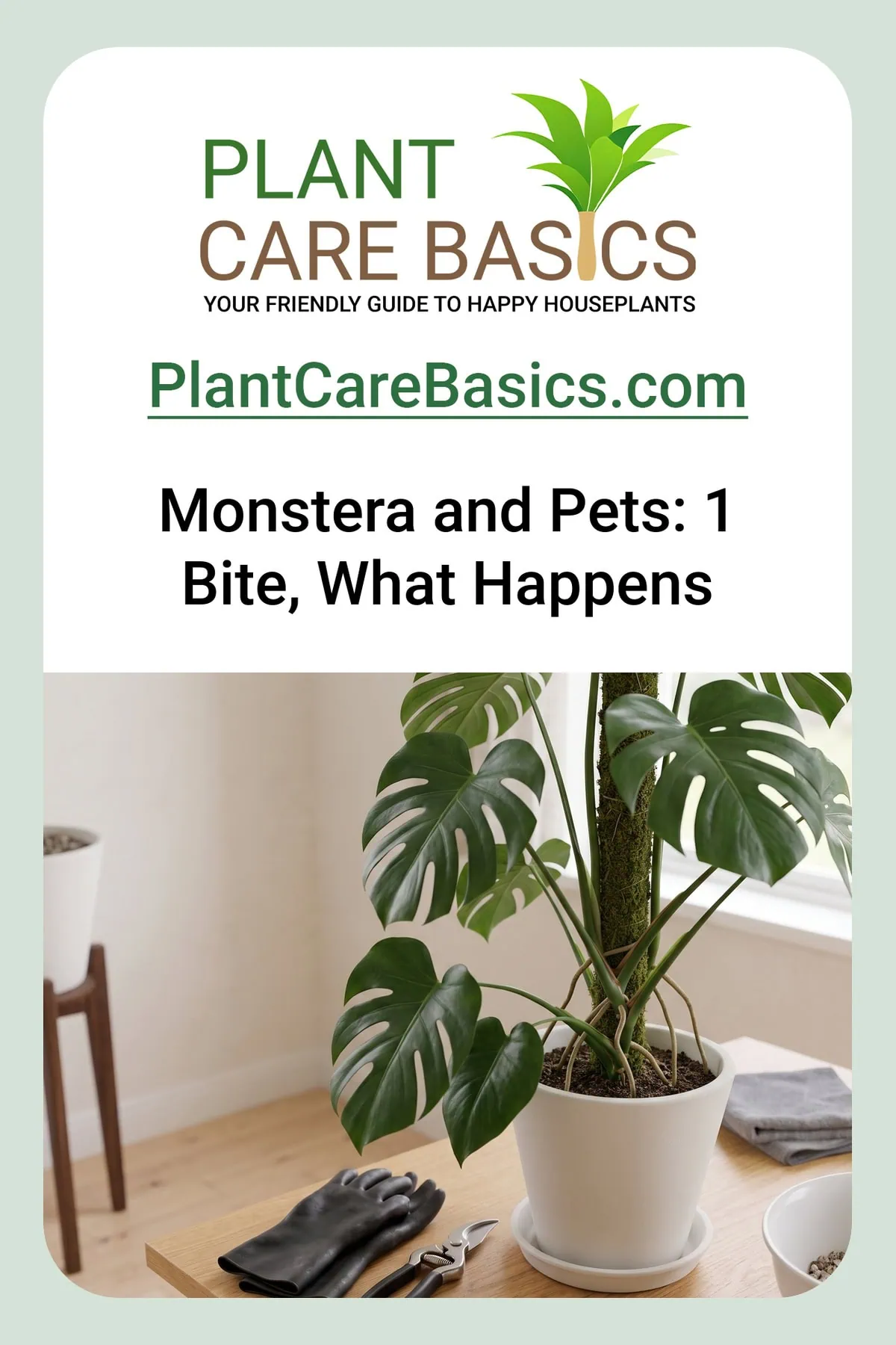 Is Monstera deliciosa toxic to cats and dogs? Gloves and shears rest on the table beside the pot.