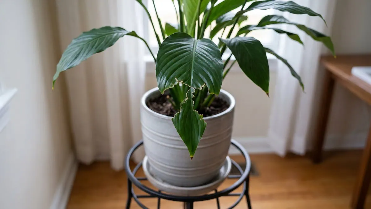 Is a peace lily toxic to cats and dogs: a close look at a white spathe with a torn bite mark along its edge.