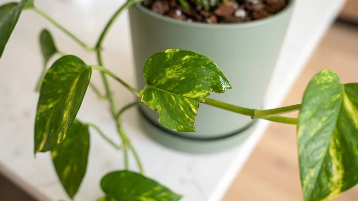 Is Pothos toxic to cats and dogs: a trailing vine with one leaf freshly torn at the edge, the tear faintly damp.