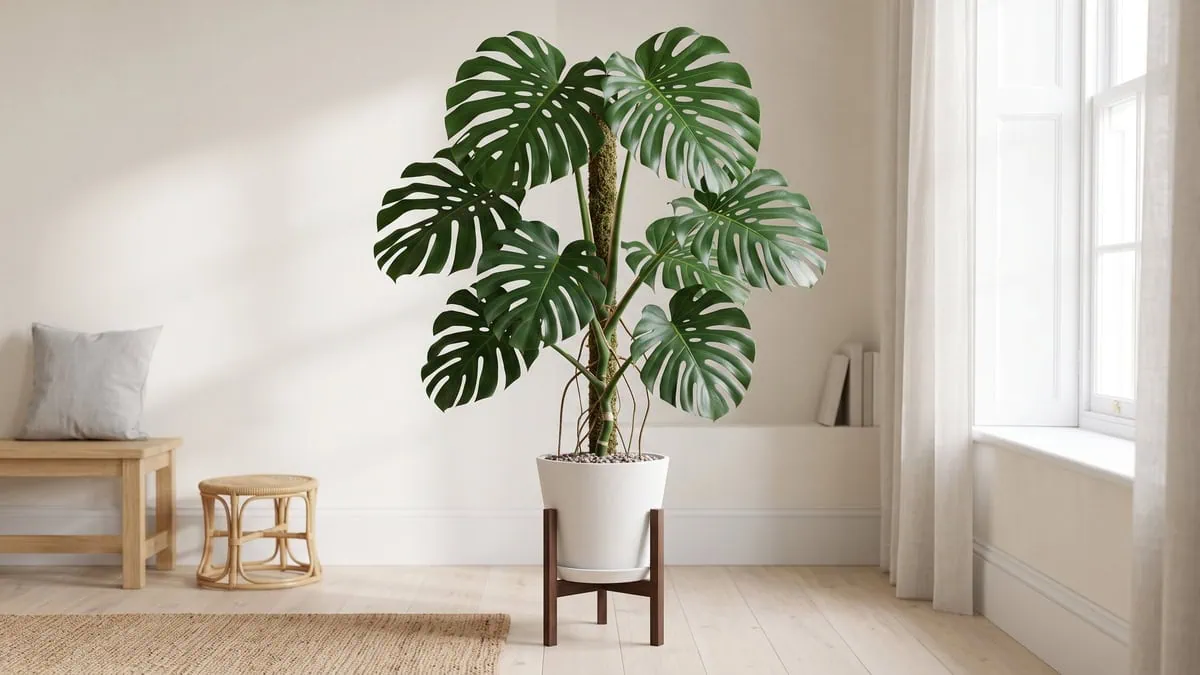 Monstera deliciosa care at full size: a tall split-leaf specimen on its moss totem in a bright room.