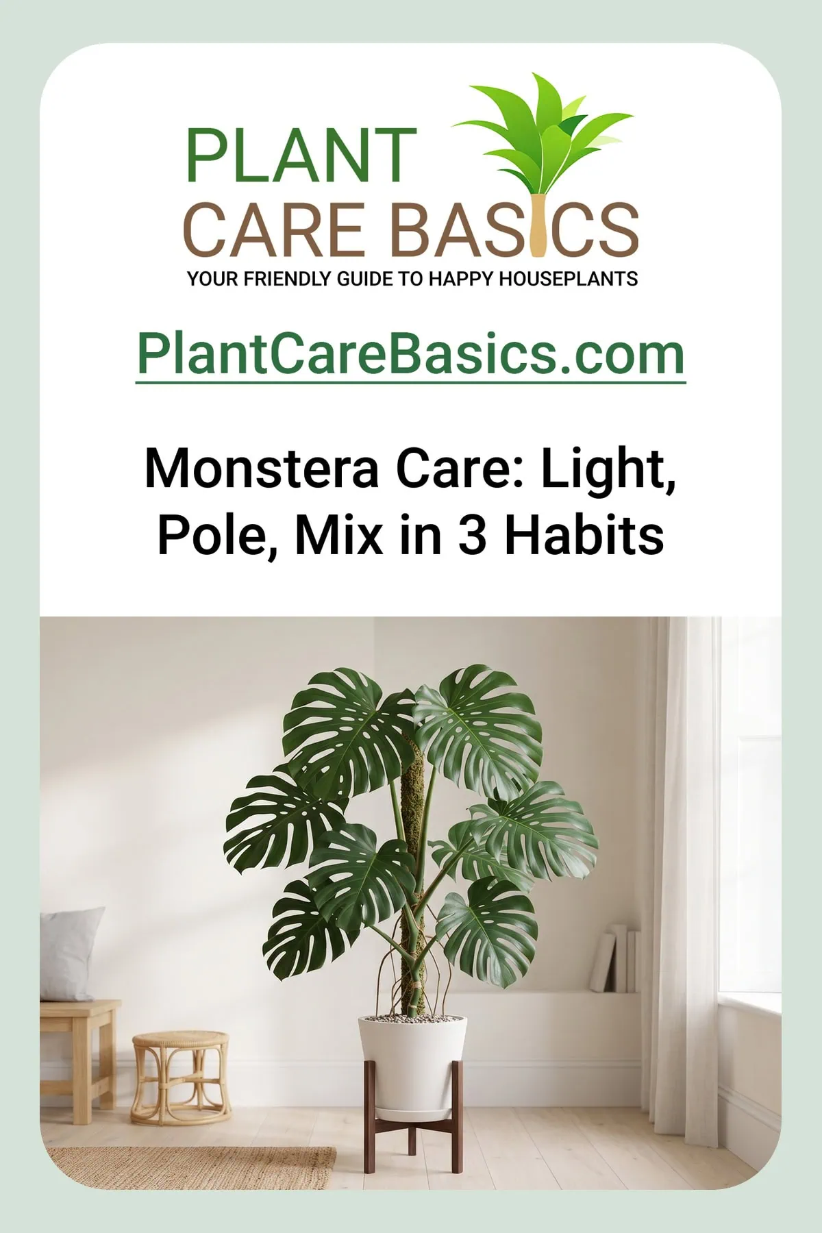 Monstera deliciosa care at full size: a tall split-leaf specimen on its moss totem in a bright room.