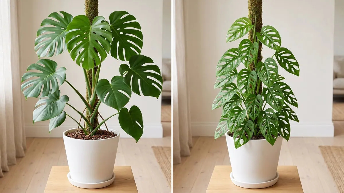 Monstera deliciosa vs Monstera adansonii side by side on one table, the leaf margins telling them apart.