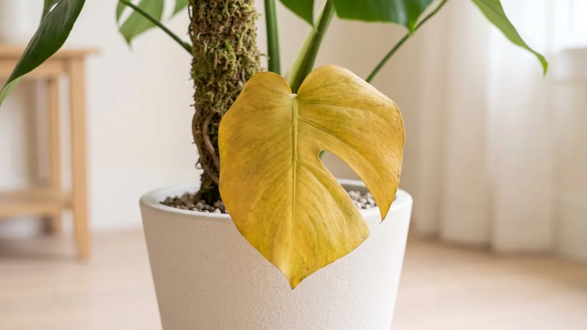 Why is my Monstera deliciosa turning yellow? One lower blade yellowed above the mix, older leaves first.