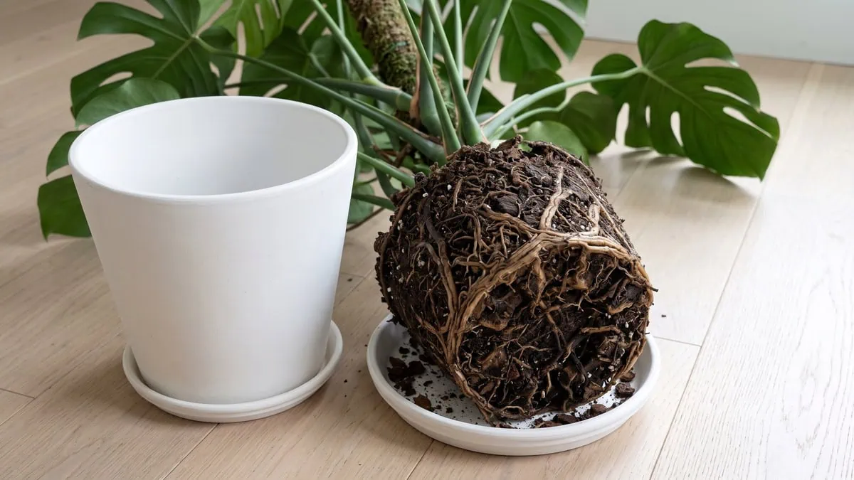 How to save a Monstera deliciosa from root rot starts here, the plant lifted out beside its pot, roots blackened.