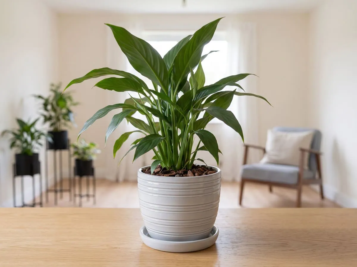 A freshly replanted peace lily standing in soft indirect light, mix surface dry, nothing poured - aftercare after a rescue.