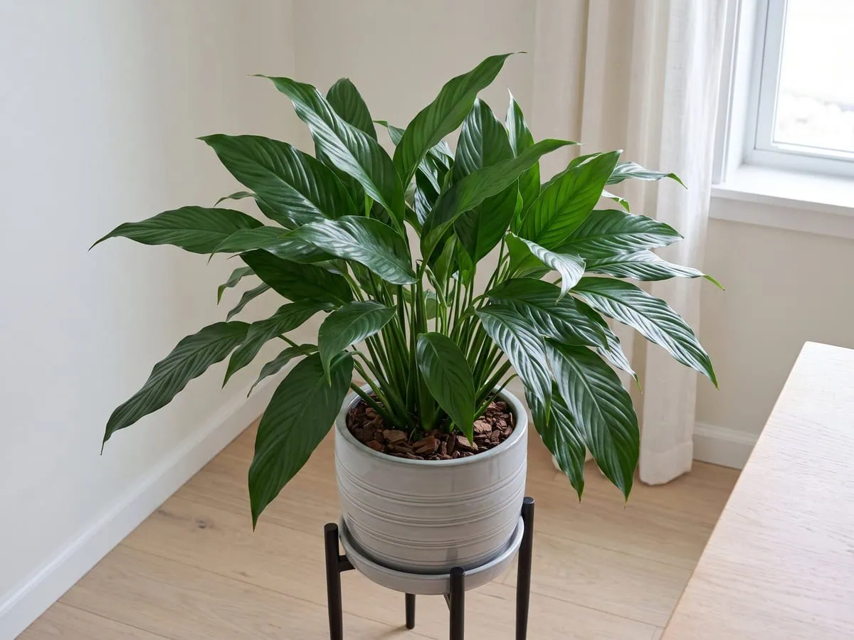 A peace lily carrying every leaf on its own stalk and no spike among them - survival light, not bloom light.