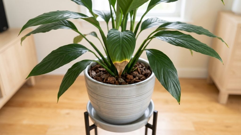 Why does my peace lily have brown tips: a papery brown tip on a new blade with a thin yellow band before the green.