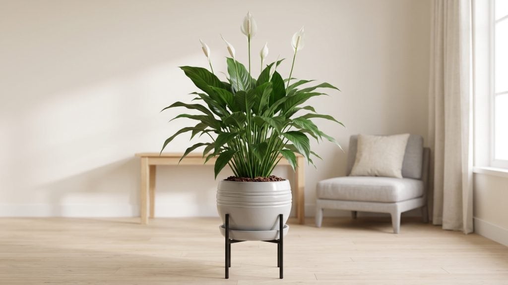 A peace lily care overview: a lush, unblemished clump standing as the centerpiece of a bright living room.