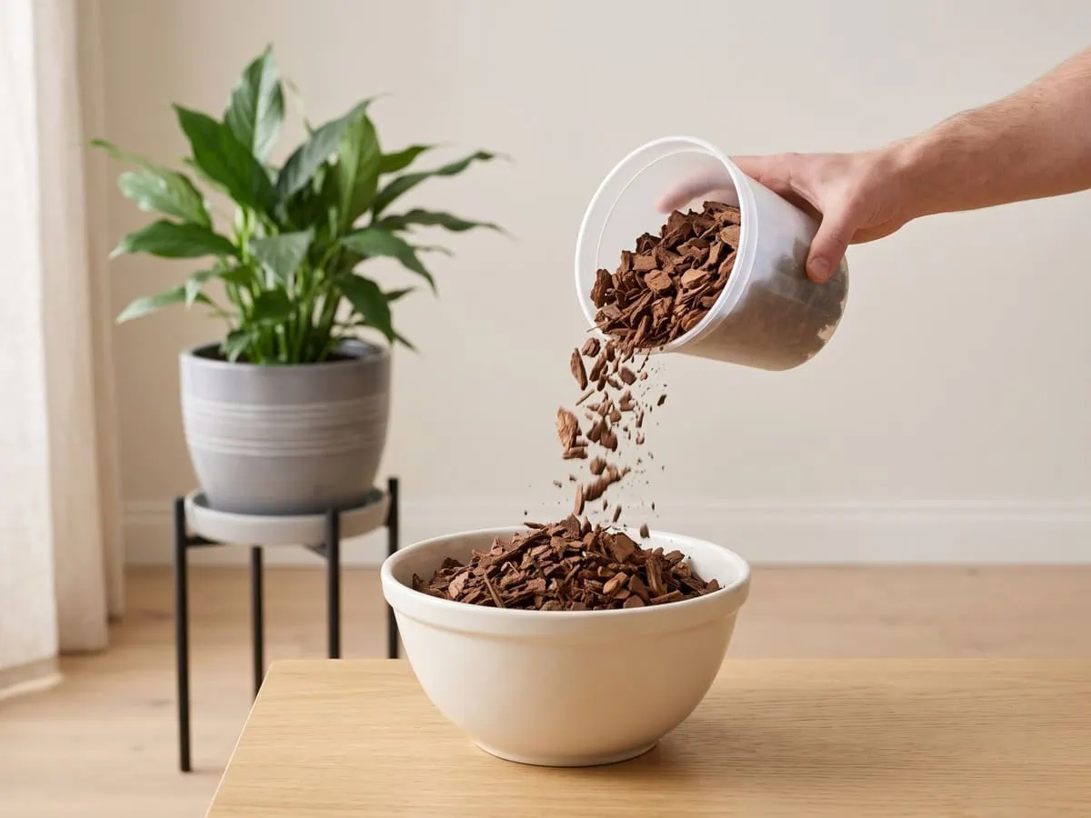 Coarse dry pine bark being tipped into a mixing bowl - the bark half of the ratio that keeps roots breathing.