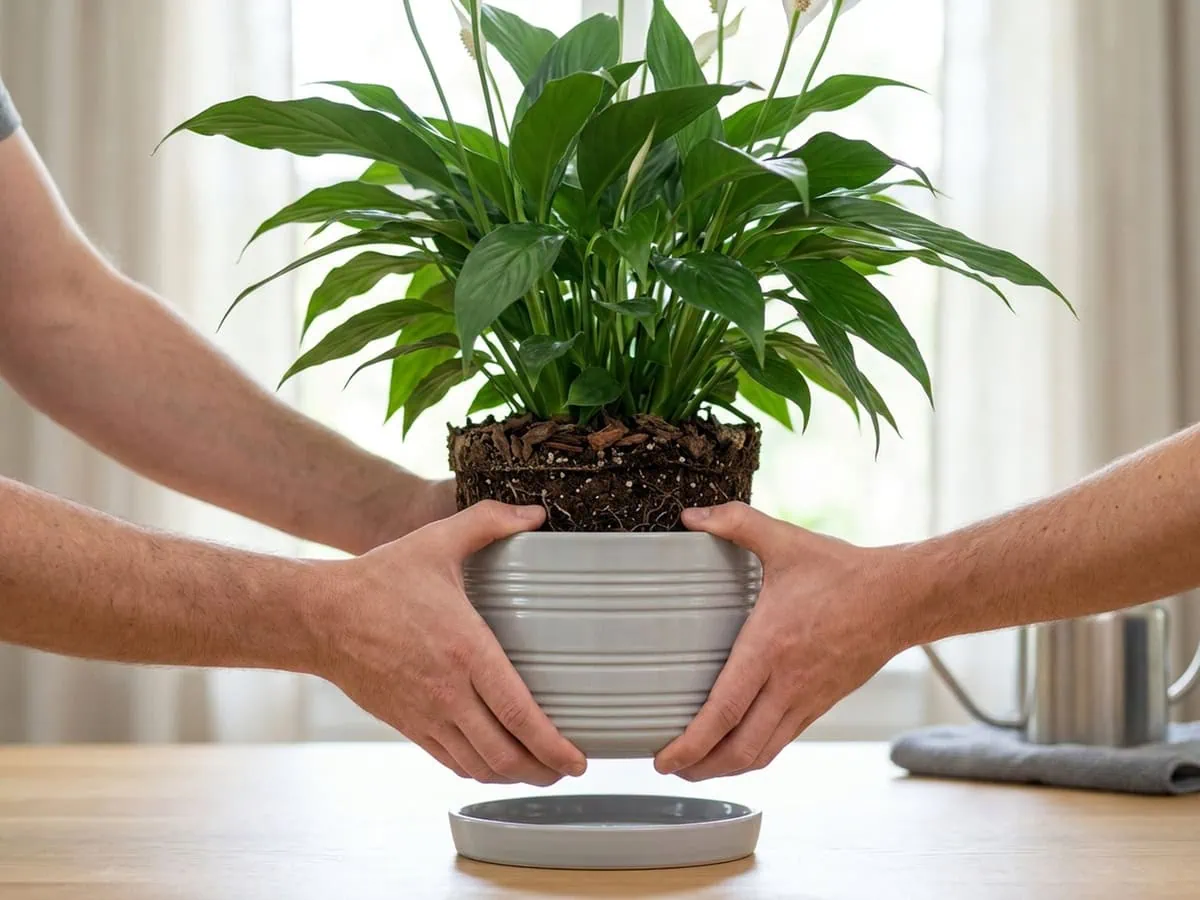 Two hands lifting a peace lily pot to feel whether clump and mix rise as one solid block - the common check.
