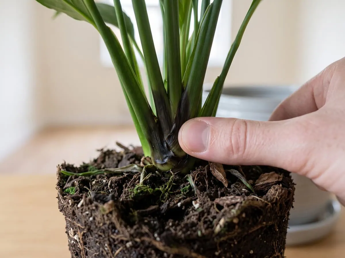 A thumb pressing a blackened peace lily stem base at the soil line, the soft tissue giving under it - read the roots.