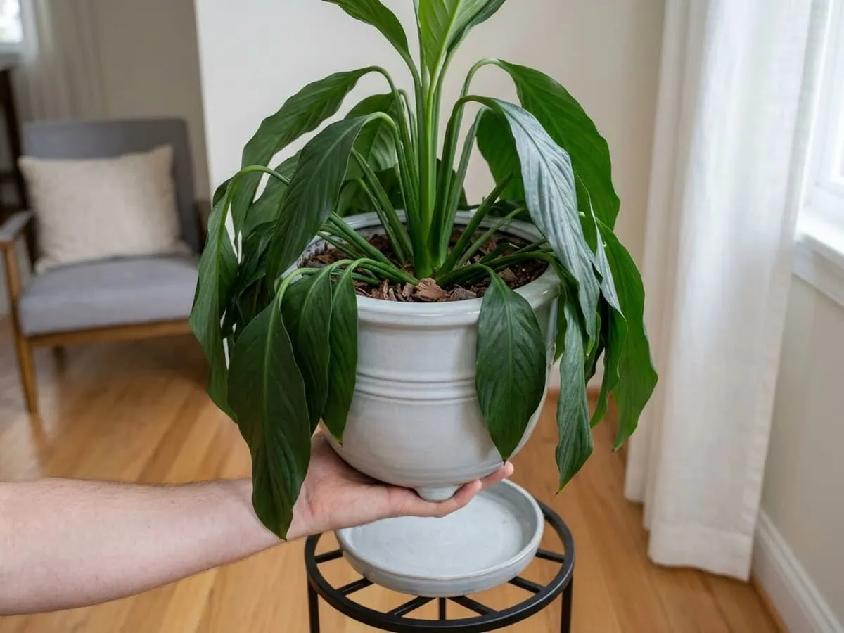 One hand lifting a pale gray peace lily pot a few inches to read its weight - the wet or dry reading, by hand.