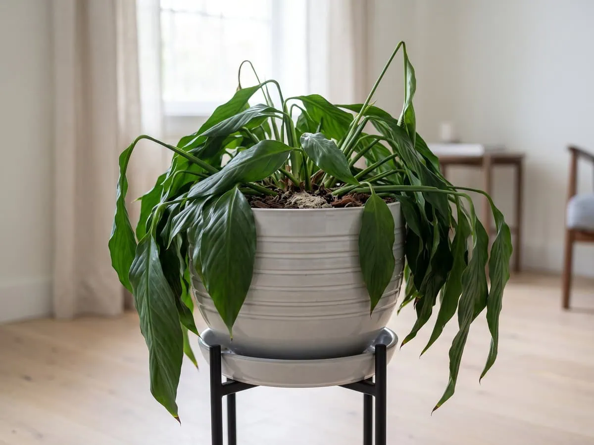 Pale dry mix and a peace lily whose still-green blades have flopped over the rim - the common set-back this plant hides.