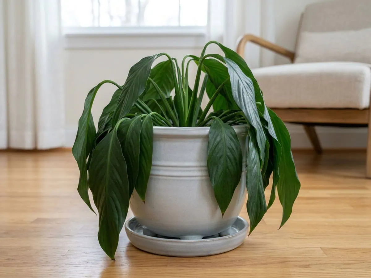 A fully collapsed peace lily left untouched over a dry saucer, no hand and no tool in frame - the first hour is a reading.