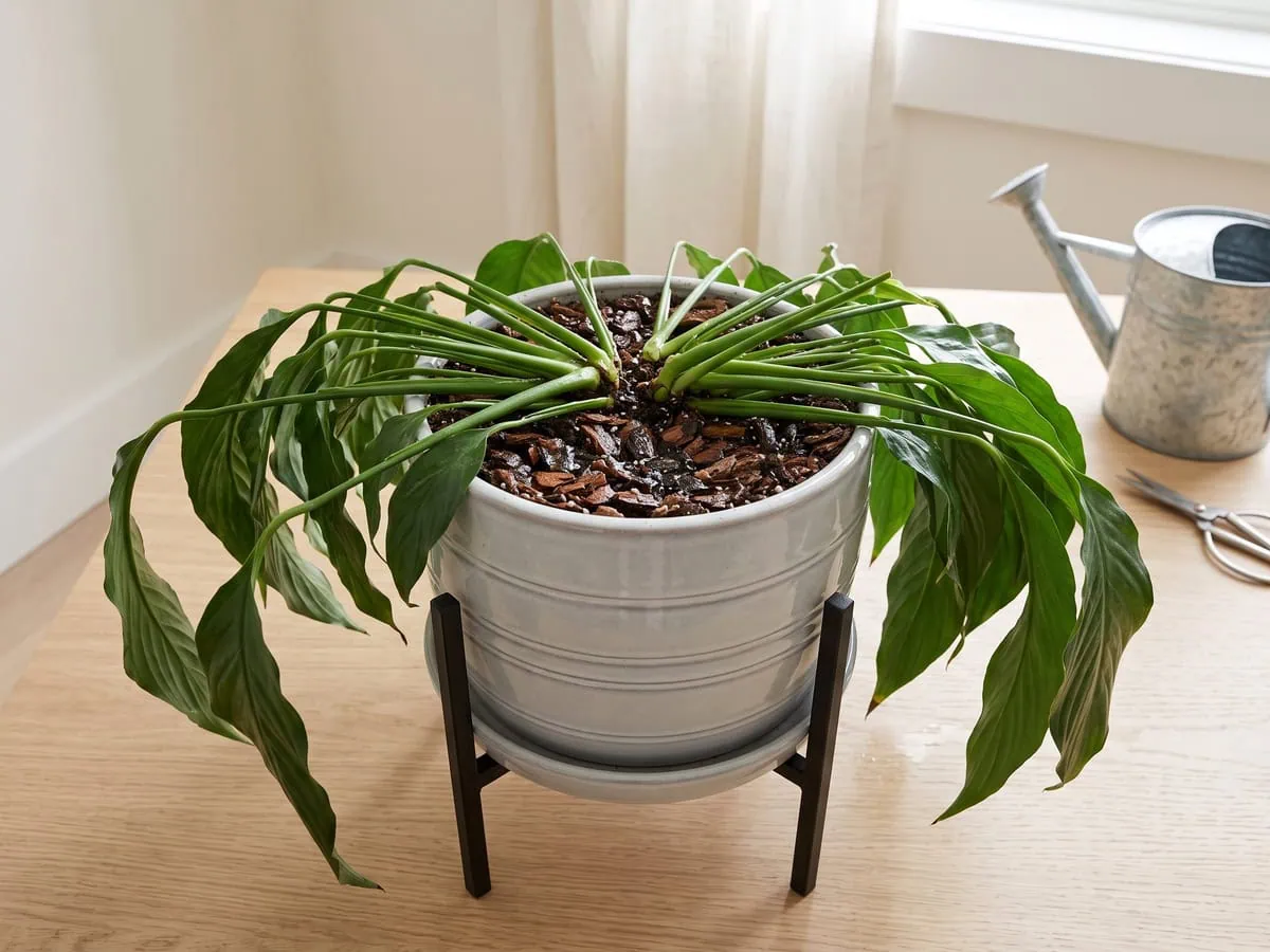 A peace lily still flat an hour after a thorough watering, the mix surface visibly wet - the first-hour water test.