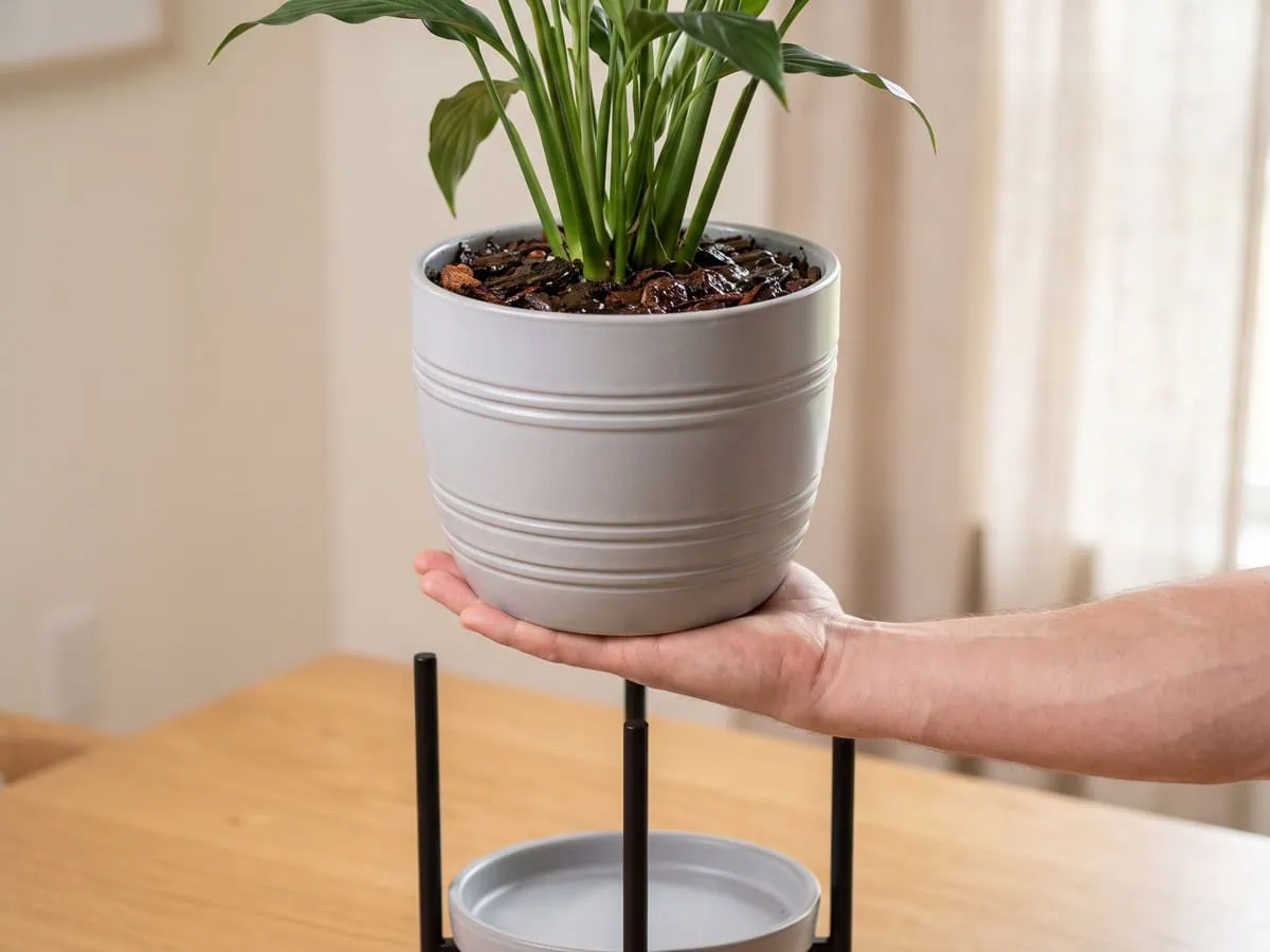 A flat open hand lifting a peace lily pot still heavy with wet mix - the failing root zone weighs more, not less.