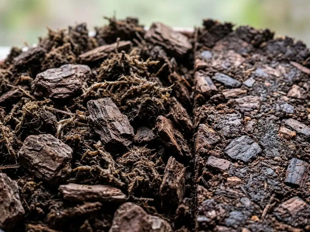Close-up of loose bark and peat litter beside the same mix pressed flat, the forest-floor origins behind indoor care.