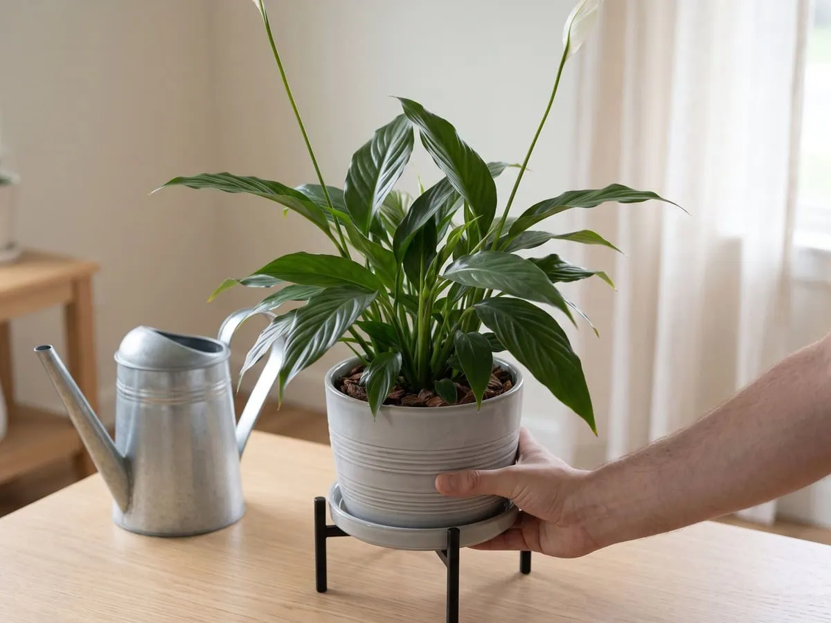 A hand turning a peace lily pot a half turn, the watering can standing on the table beside it - where it has to stand.