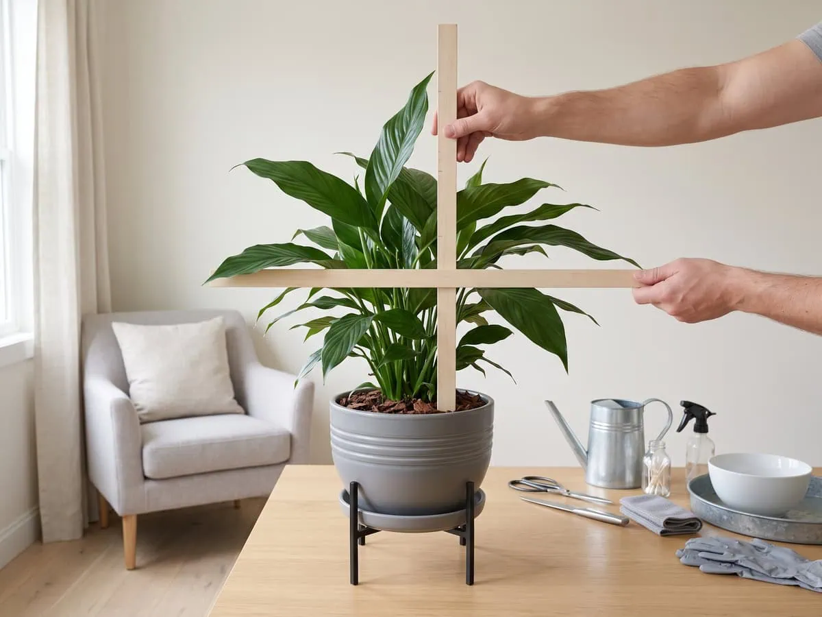 An unmarked rule measuring a peace lily from the mix surface to the tallest blade tip and across its spread.