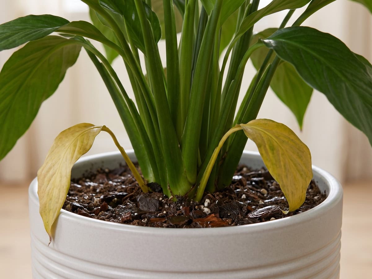 Yellowed bottom blades under green upper leaves, the mix visibly wet at the pot surface - the overwatering read.