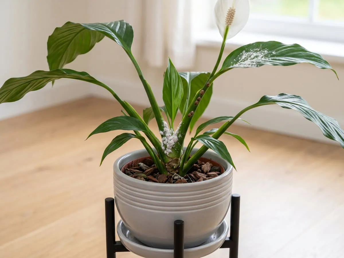 White fluff in the leaf joints, brown bumps on a stalk and white powder under the bloom - match each pest by position.
