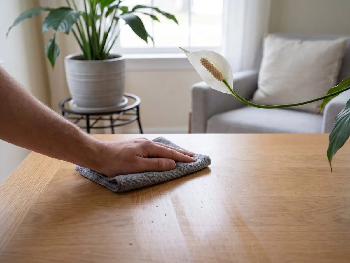 A gray microfiber cloth wiping fallen pollen off a wooden table - which parts of the plant carry the crystals.
