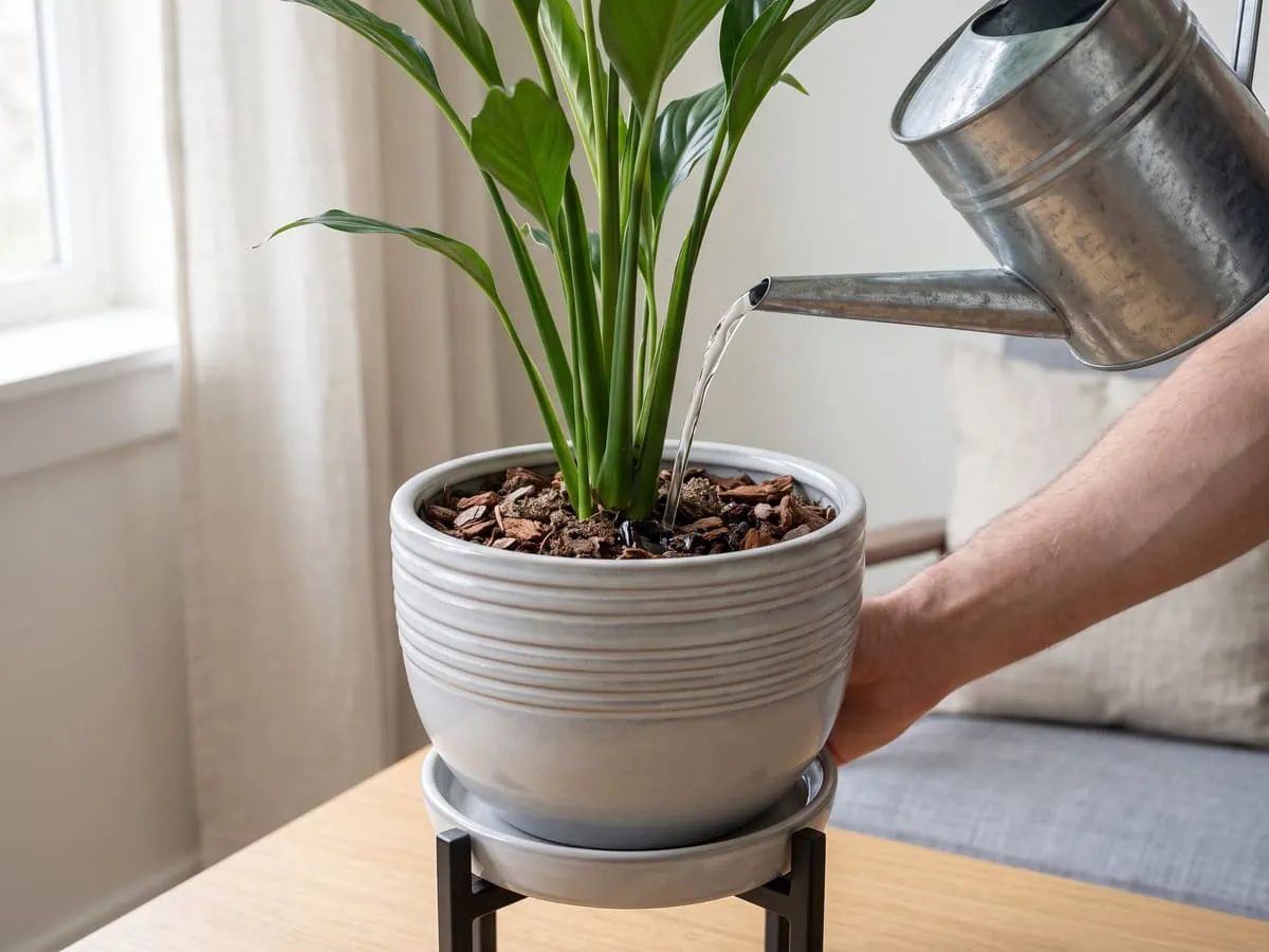 Rainwater poured in a steady stream into a peace lily pot without spilling over - tap water and feed salts stay out.