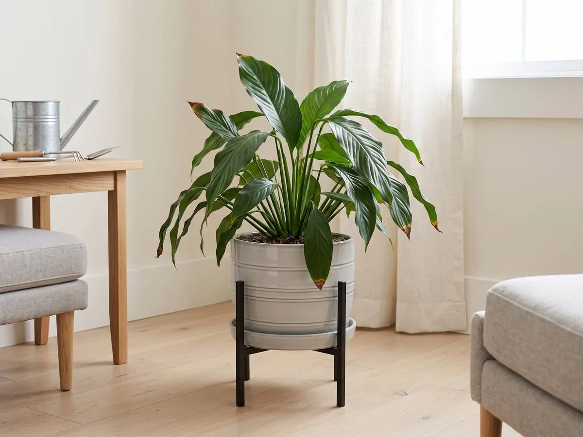 A peace lily stepped a few inches back from the glass, older leaf tips browned - week one of the recovery.