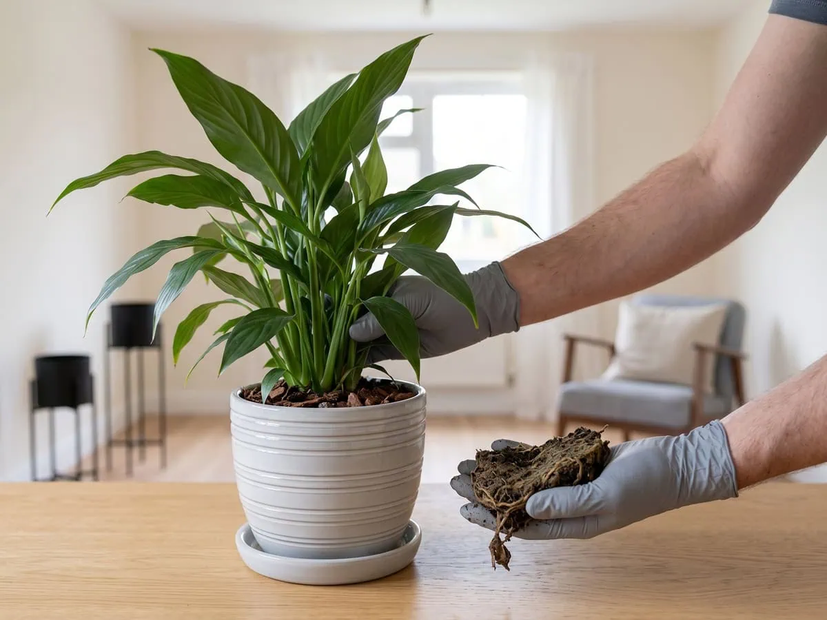 Gloved hands replant a peace lily into a clean pot of fresh peat and bark, the old lump held aside in the other hand.