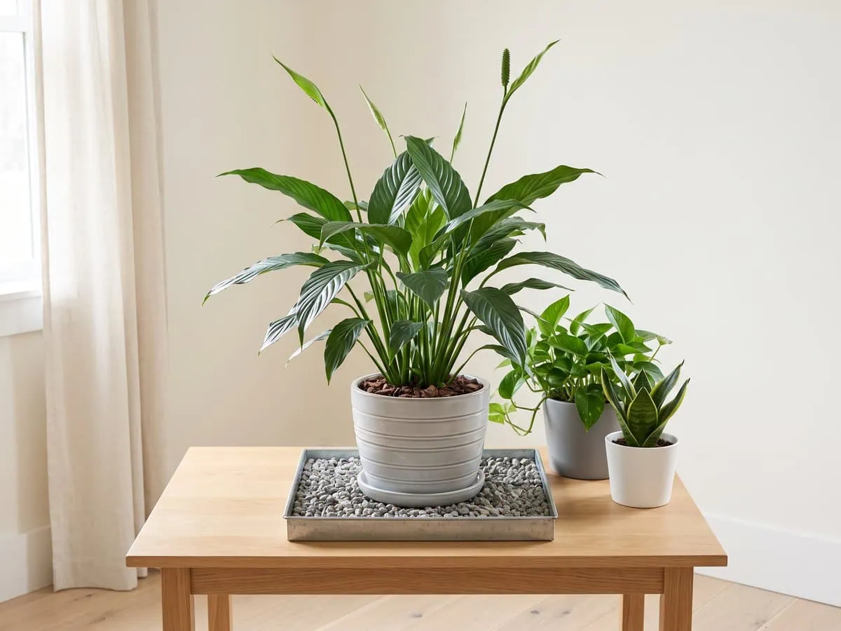 A peace lily standing on gravel above the water line, two more pots clustered beside it to lift the room climate.