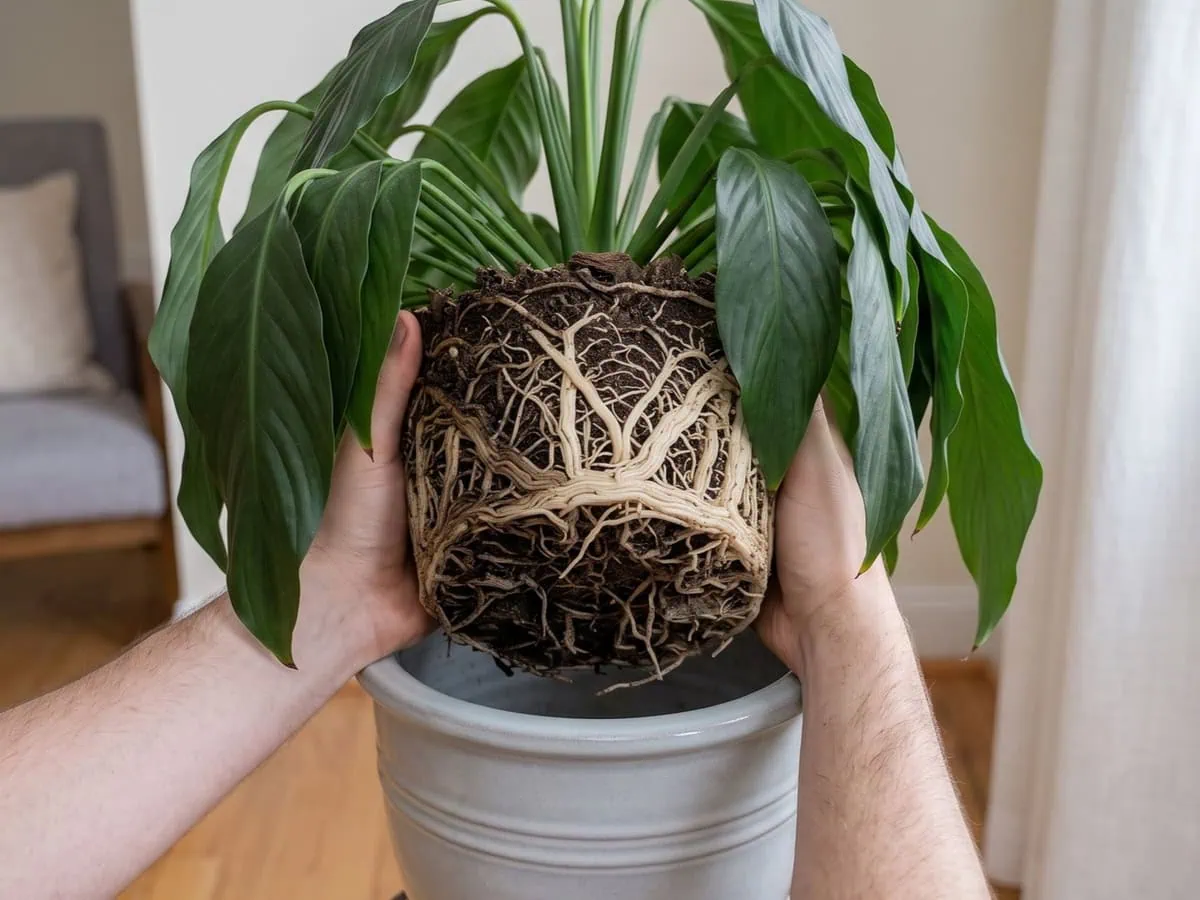 The whole root ball lifted clear of the pot in the first hour, outer roots black and soft against a firm white core.