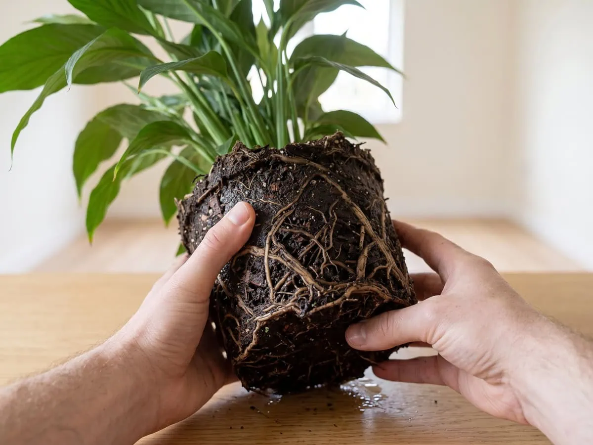 Close-up of a peace lily root ball straight out of the pot, wet mix still clinging, unwashed - read the roots first.