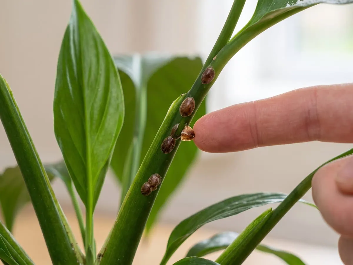 A fingertip pushing one brown bump sideways off a stalk while the bumps beside it hold fast - match the pest you can see.