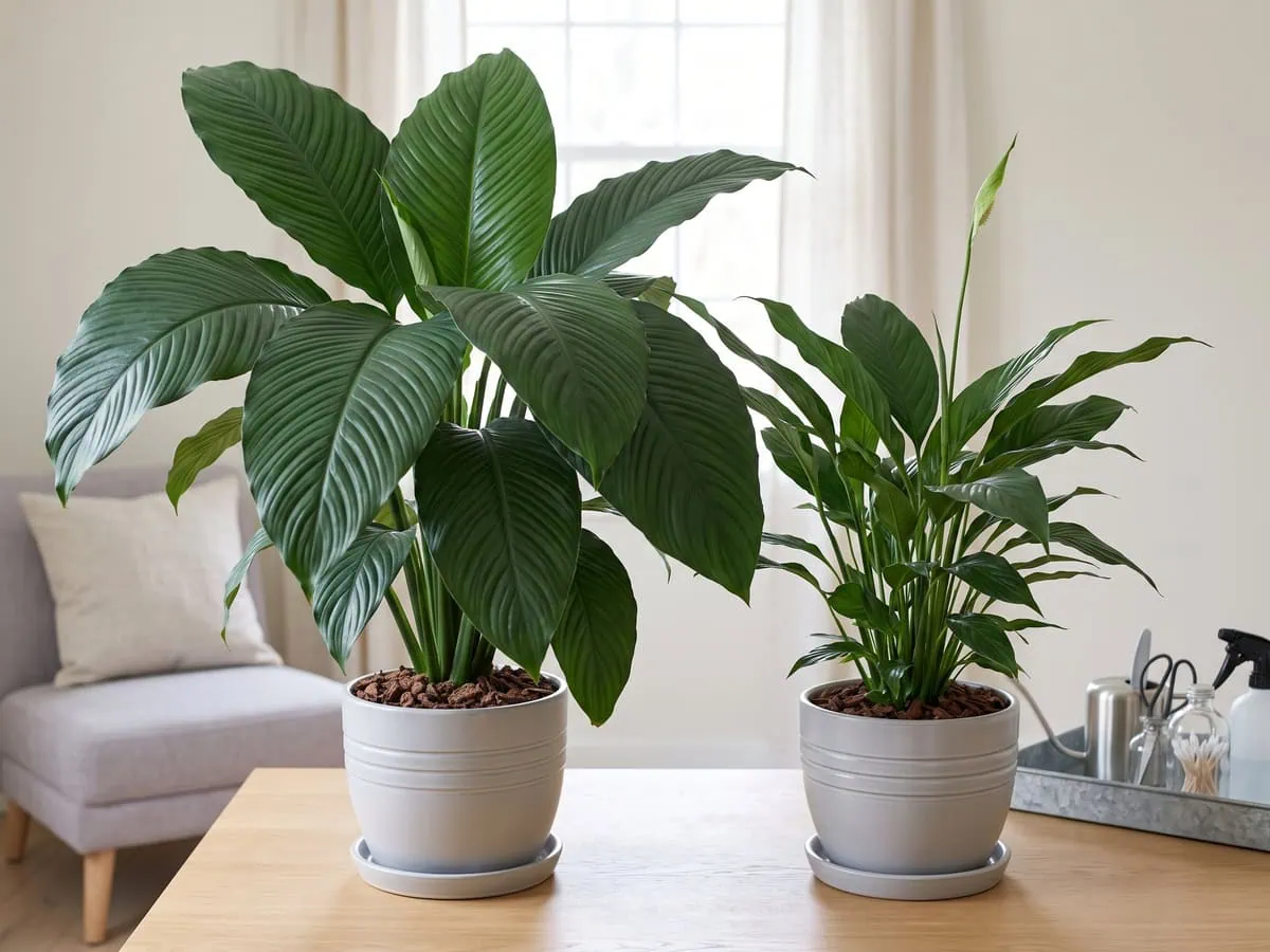 A large deeply ribbed Sensation beside a smaller smooth-bladed unlabeled plant, the two standing side by side.