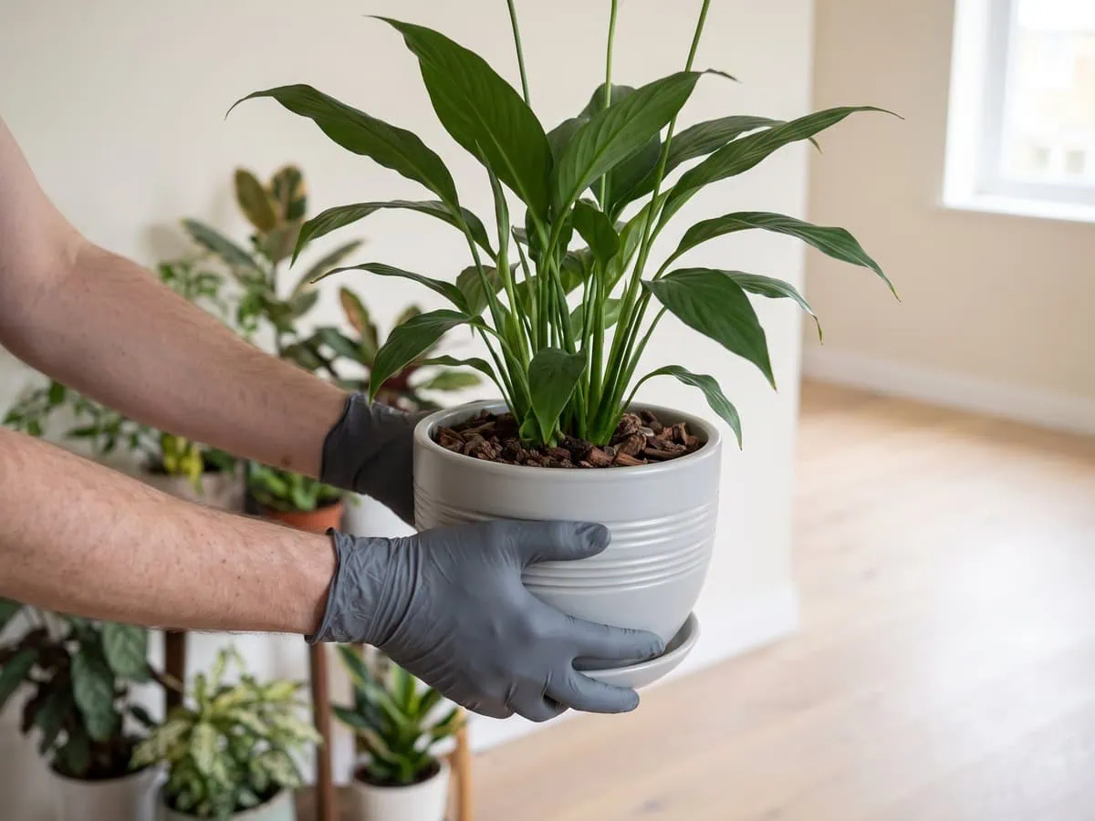 Gloved hands carrying a peace lily pot away from the other plants - separate the plant before any agent goes near it.