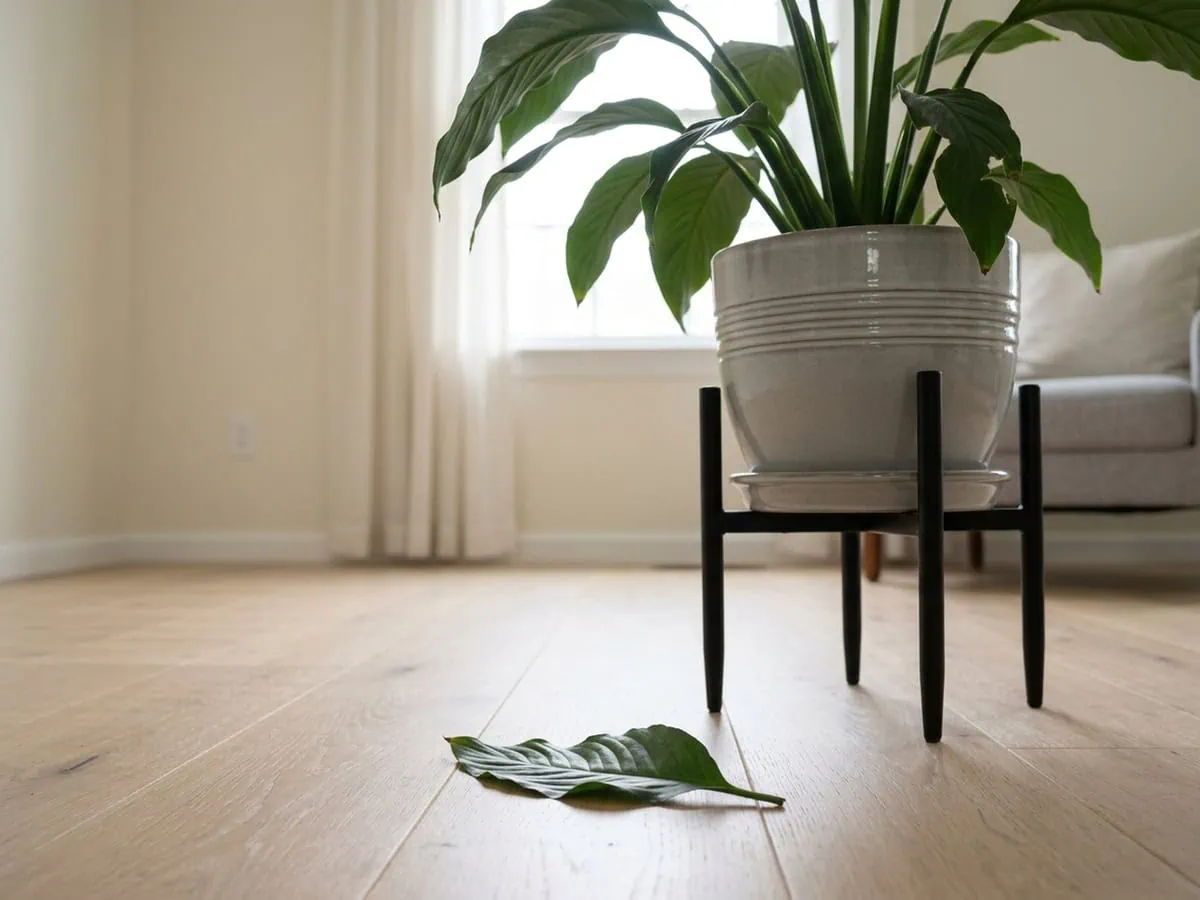 A shed peace lily leaf lying on the wood floor under a high stand - the safety line a shelf alone does not hold.