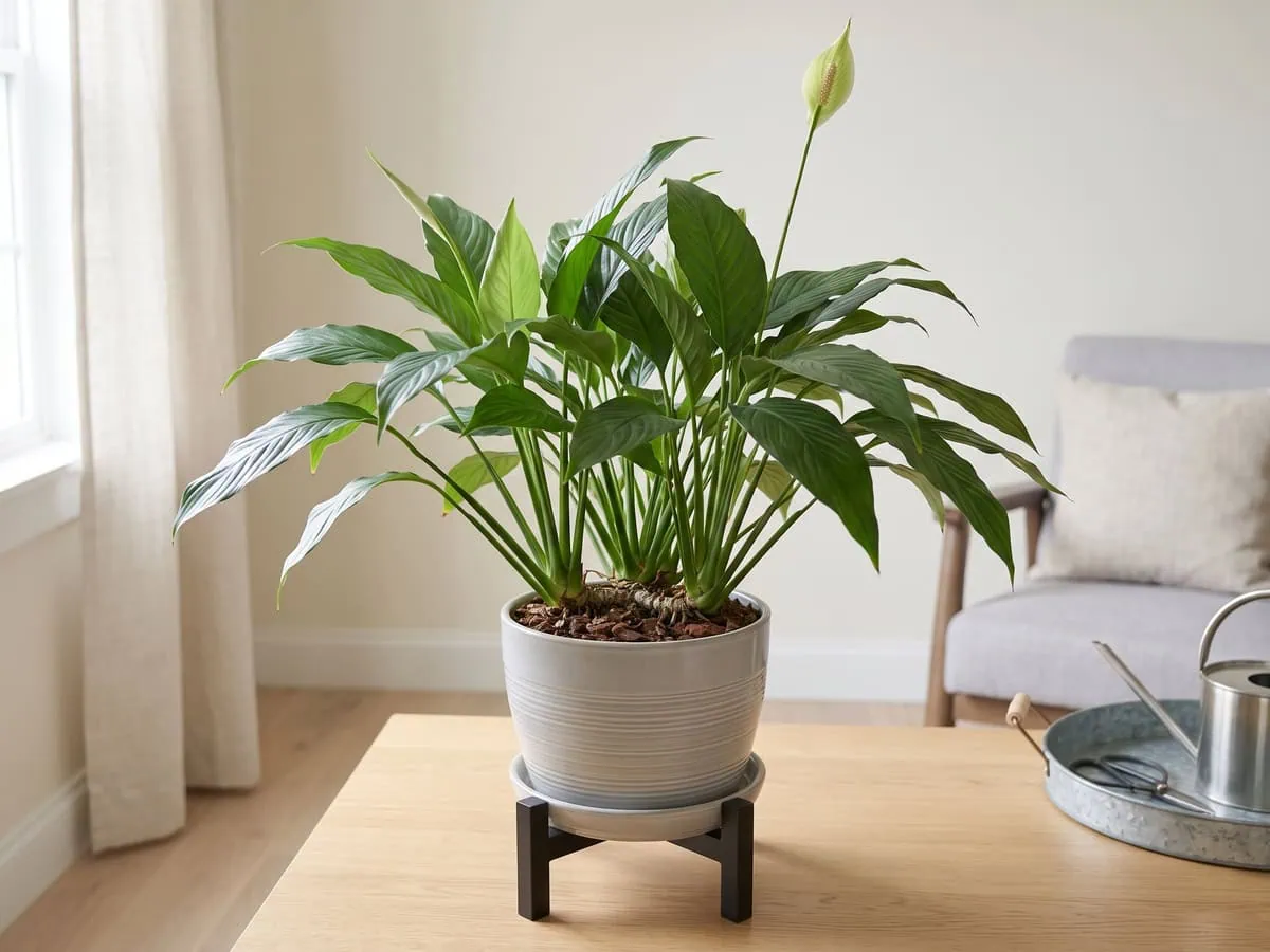 The full spread of a peace lily, petioles rising off the creeping rhizome - how a shelf plant widens without branching.