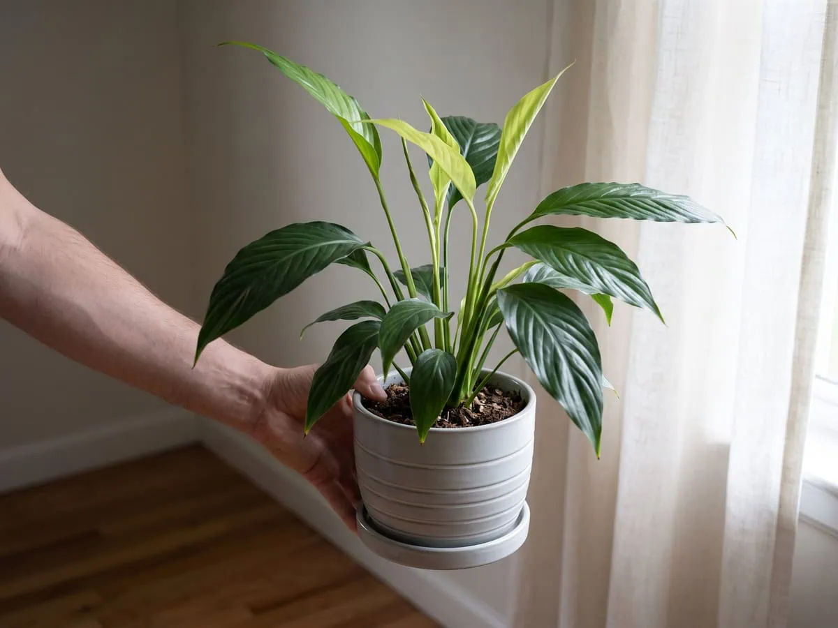 The pot carried out of a dim corner toward a bright window - where a stretched peace lily has to stand.