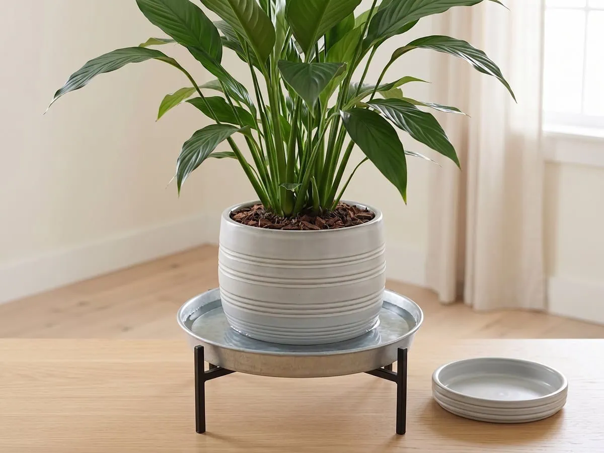 A peace lily pot standing level in a tray of water an inch deep, drawing it up - what to pour when a top drink fails.