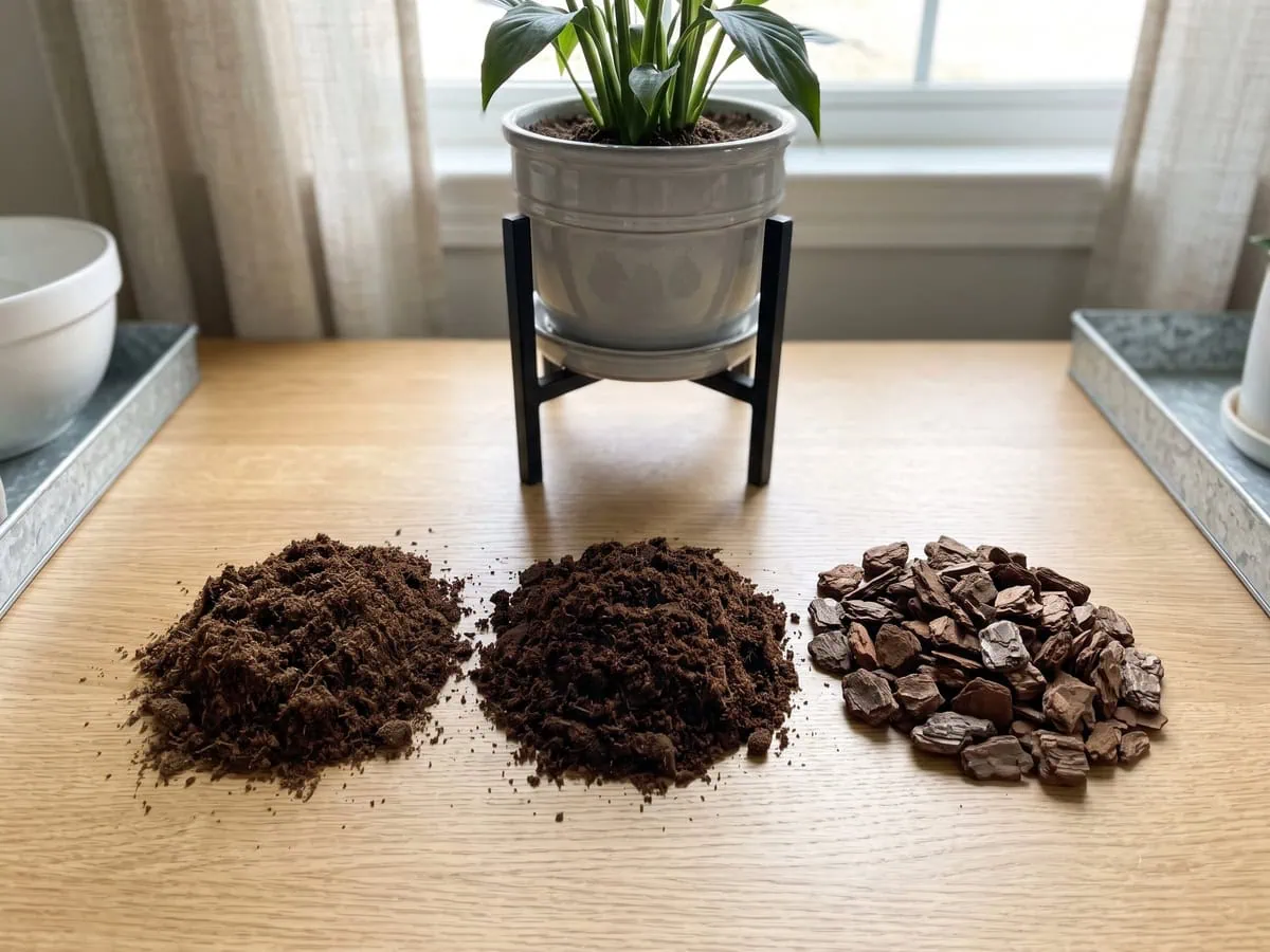 Two measured heaps of peat beside one heap of coarse pine bark, laid out unmixed - the ratio that keeps roots breathing.