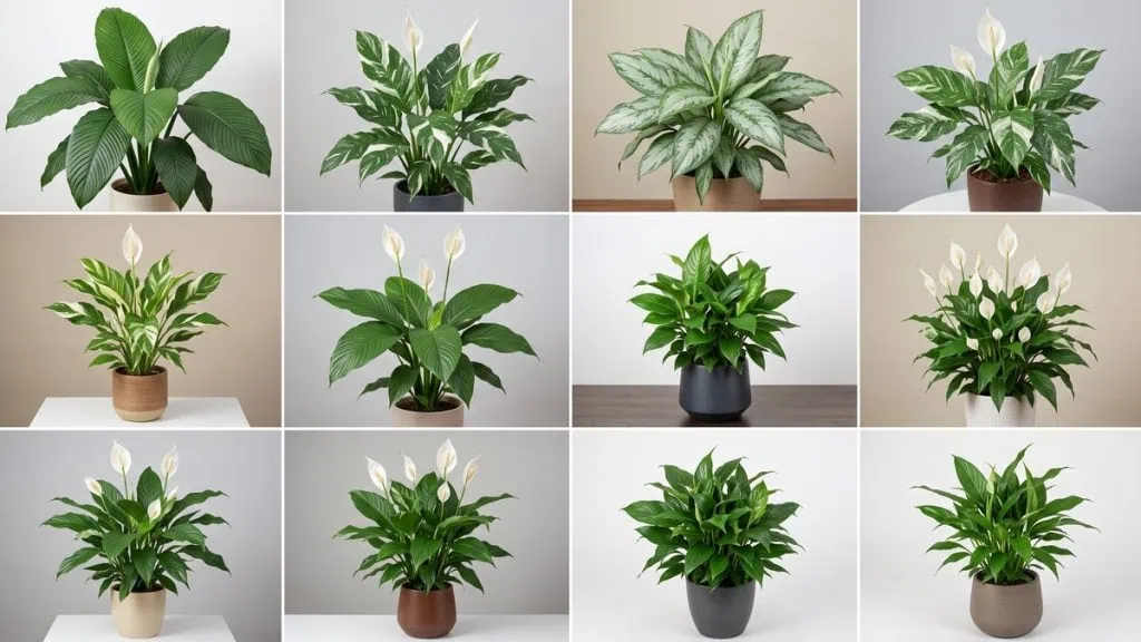 Peace lily varieties and how to identify them: a twelve-cell grid, one distinct selection standing in each cell.